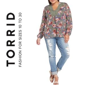 Torrid Sheer Floral Print Chiffon Lace Insert Blouse